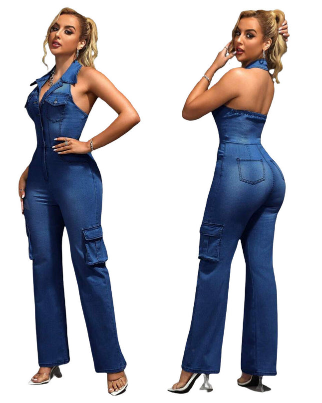 Tight Waist Slim High Elastic Wash Denim Jumpsuit