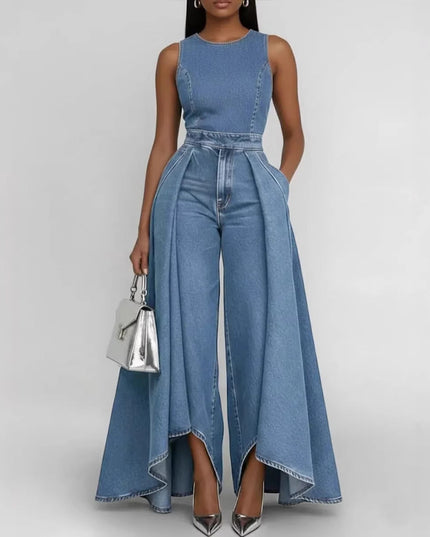Women’s Crew Neck Sleeveless Wide-Leg Denim Jumpsuit
