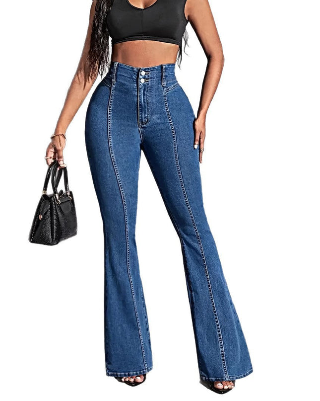 Front And Rear Stitching High Slimming Elastic Mid-waist Flared Jeans