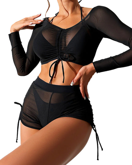 Bikini Four-piece Suit Black Mesh Swimwear Women