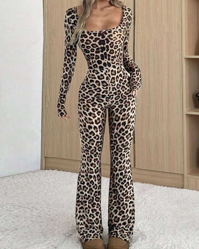 Women's Slim-fit Hip-wrapped Square Collar Leopard Print Jumpsuit
