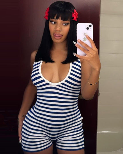 Fashion Detachable Neck Strap Slim Striped Romper
