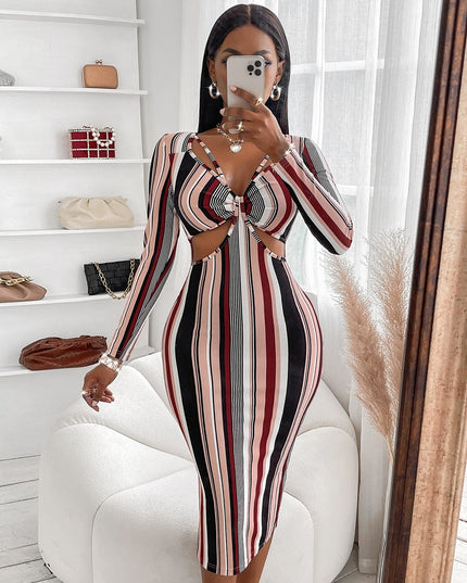 Women's Wrap Chest Striped Long Sleeve Dress