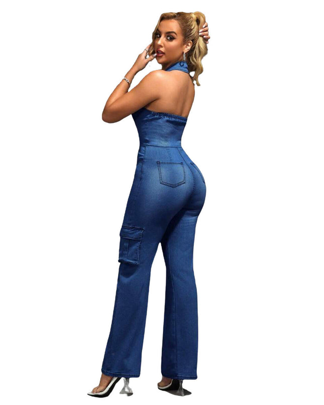 Tight Waist Slim High Elastic Wash Denim Jumpsuit