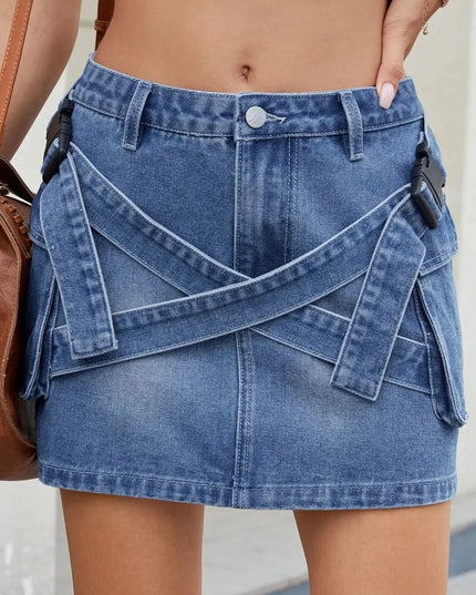 Criss-Cross Waist Pocketed Denim Mini Skirt