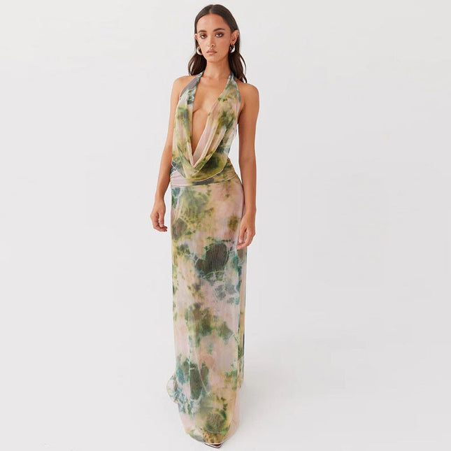 2pcs Tie Dye Printing Deep V-neck Suits Fashion Halter Backless Skirt For Beach Party Womens Clothing
