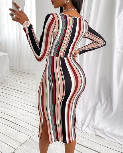 Women's Wrap Chest Striped Long Sleeve Dress