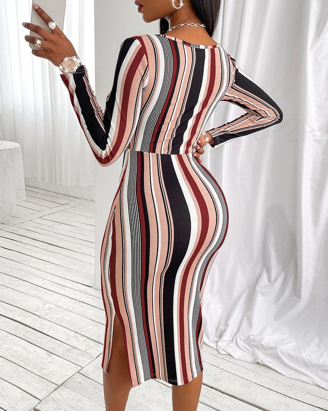 Women's Wrap Chest Striped Long Sleeve Dress