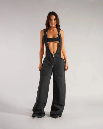 Y2K Denim Overalls Women – Zip Front Loose Fit Pocket Jumpsuit