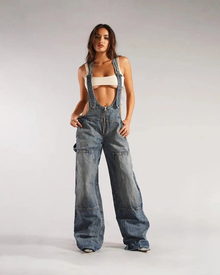Y2K Denim Overalls Women – Zip Front Loose Fit Pocket Jumpsuit