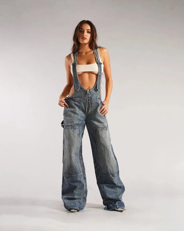 Y2K Denim Overalls Women – Zip Front Loose Fit Pocket Jumpsuit