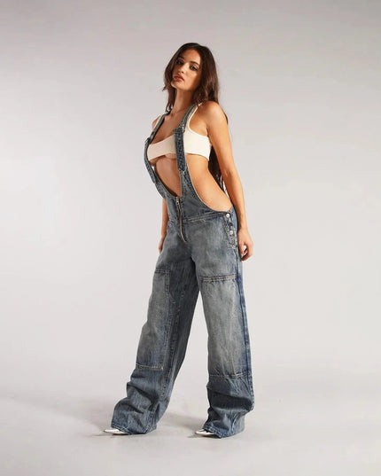 Y2K Denim Overalls Women – Zip Front Loose Fit Pocket Jumpsuit