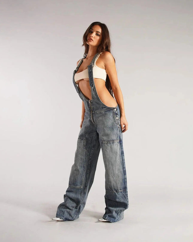 Y2K Denim Overalls Women – Zip Front Loose Fit Pocket Jumpsuit