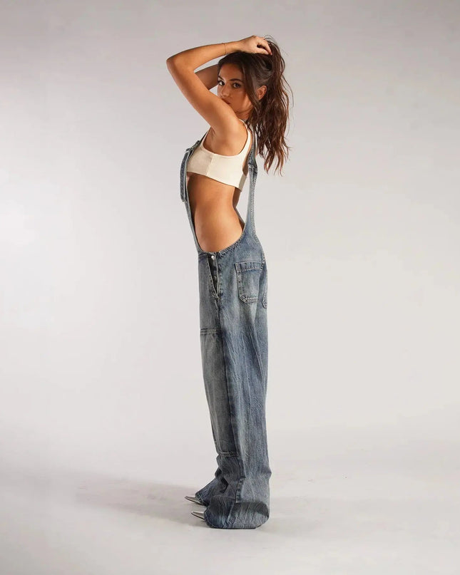 Y2K Denim Overalls Women – Zip Front Loose Fit Pocket Jumpsuit