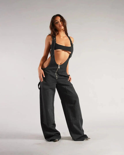 Y2K Denim Overalls Women – Zip Front Loose Fit Pocket Jumpsuit