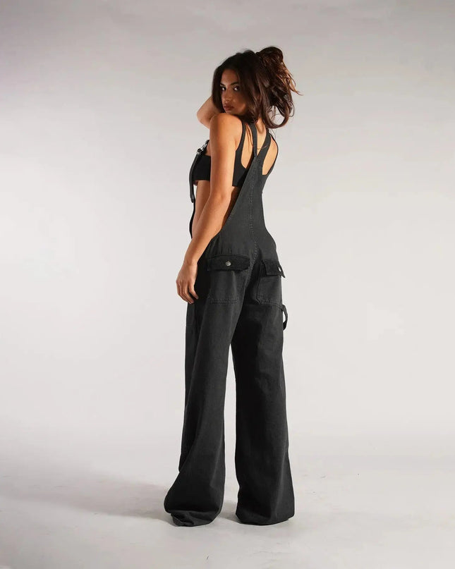 Y2K Denim Overalls Women – Zip Front Loose Fit Pocket Jumpsuit