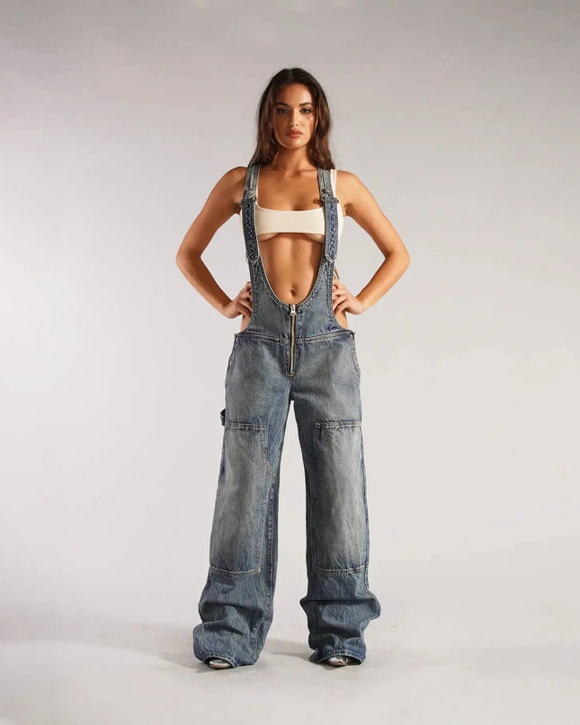 Y2K Denim Overalls Women – Zip Front Loose Fit Pocket Jumpsuit