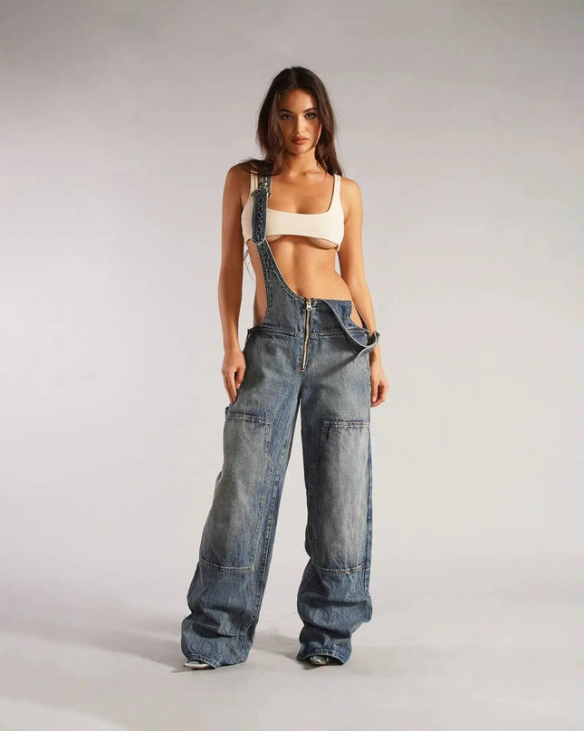 Y2K Denim Overalls Women – Zip Front Loose Fit Pocket Jumpsuit