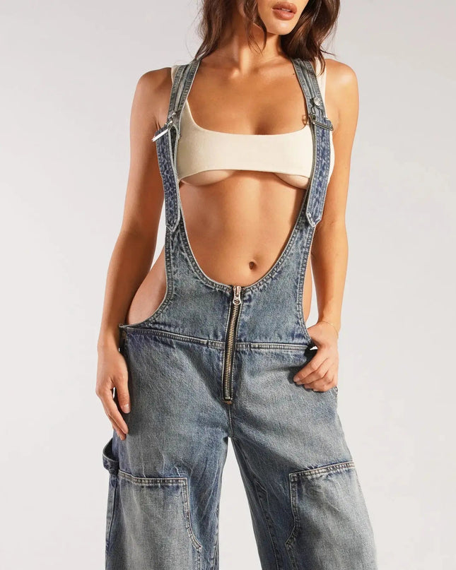 Y2K Denim Overalls Women – Zip Front Loose Fit Pocket Jumpsuit