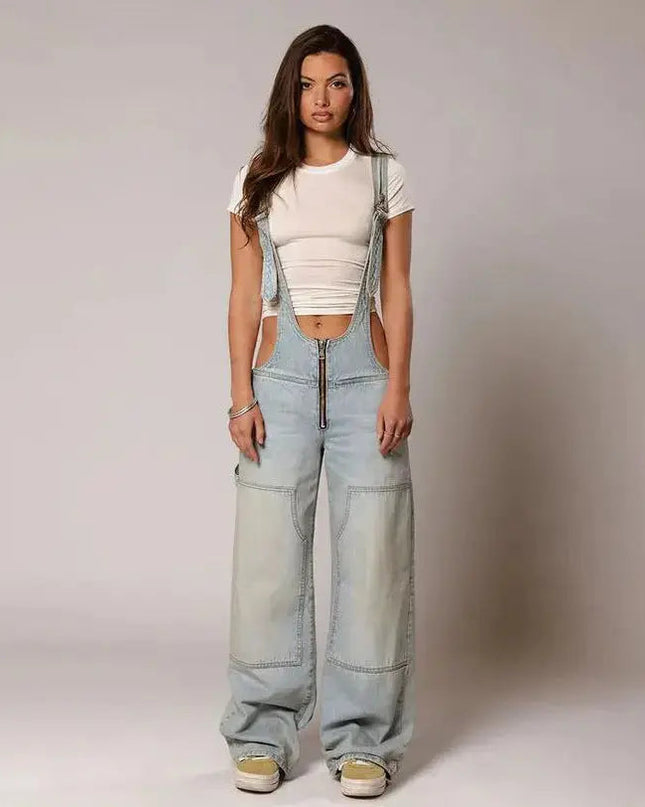 Y2K Denim Overalls Women – Zip Front Loose Fit Pocket Jumpsuit