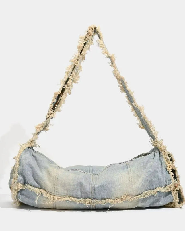Fringe Baguette Denim Shoulder Bag