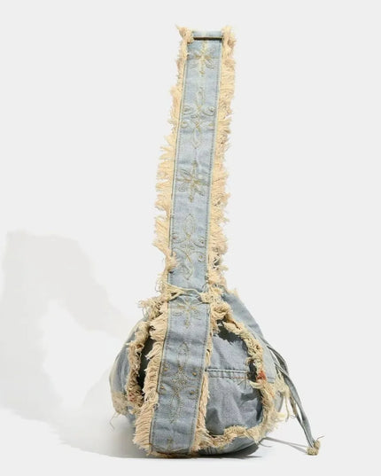 Fringe Baguette Denim Shoulder Bag