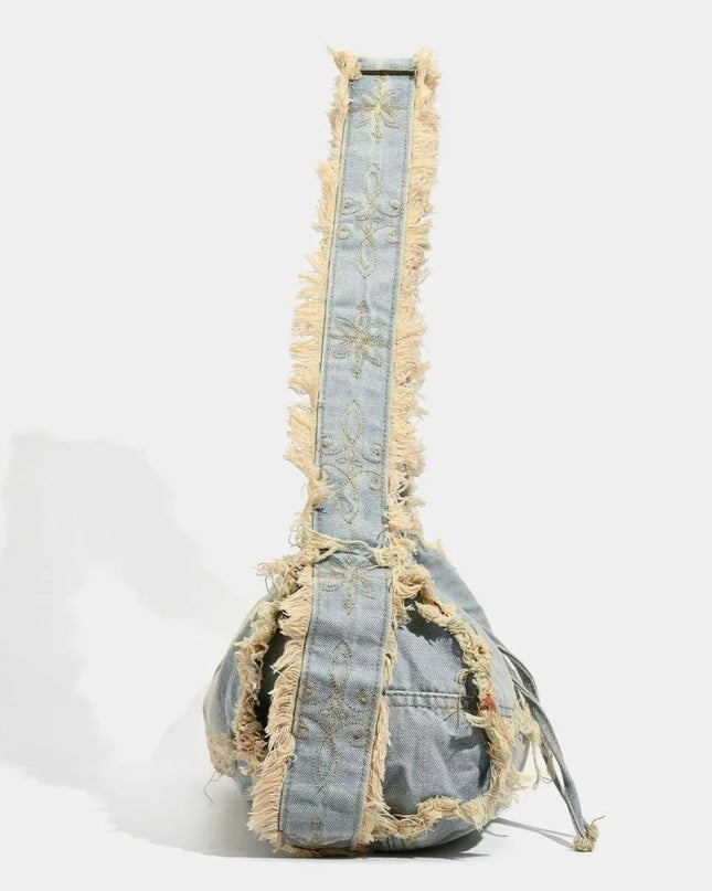 Fringe Baguette Denim Shoulder Bag