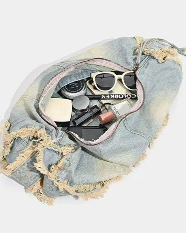 Fringe Baguette Denim Shoulder Bag