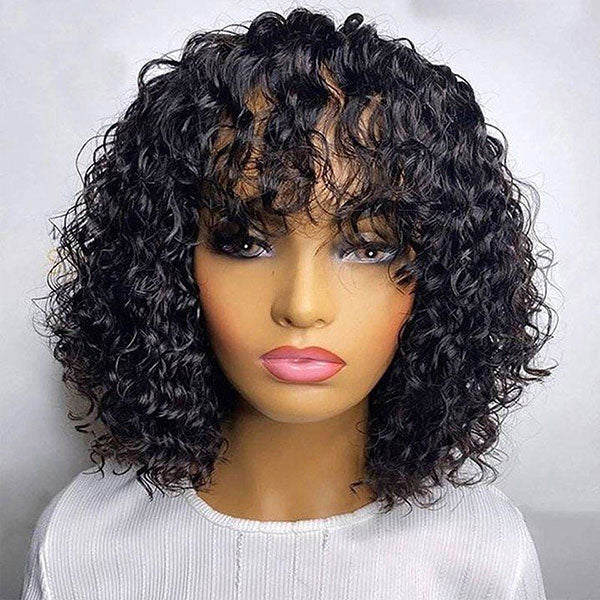 Junoda Water Wave Bob Human Hair Wig with Bangs Glueless Full Machine Made Wig junoda