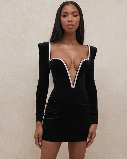 Gossip Girl Deep V Long Sleeve Velvet Mini Dress