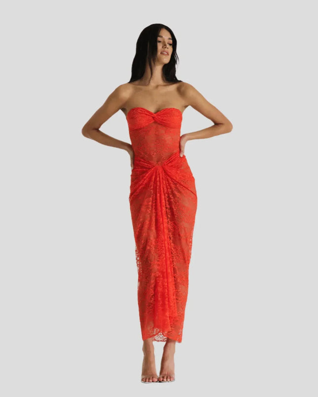 Her Figure Orange Lace Off-Shoulder Maxi Dress