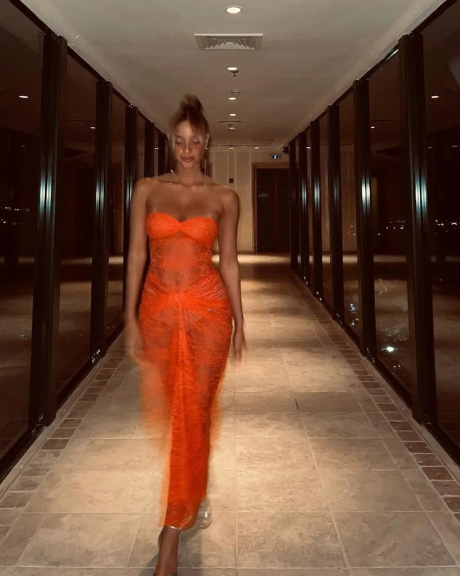 Her Figure Orange Lace Off-Shoulder Maxi Dress