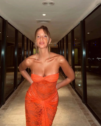 Her Figure Orange Lace Off-Shoulder Maxi Dress