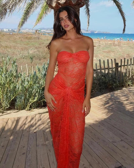 Her Figure Orange Lace Off-Shoulder Maxi Dress