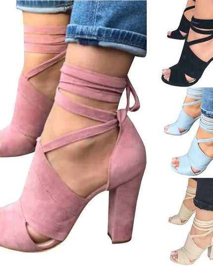 Suede Peep-Toe Sandals with High Chunky Heels