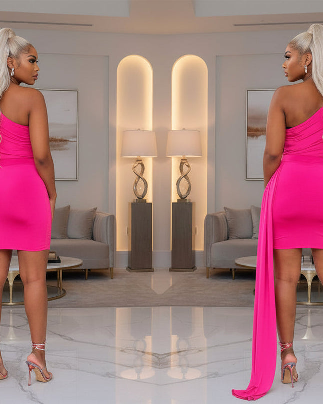 One Shoulder Long Sleeve Ruched Mini Dress