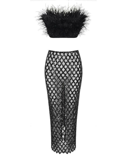 Invitation Only Feather Sequins Black Two Piece Set
