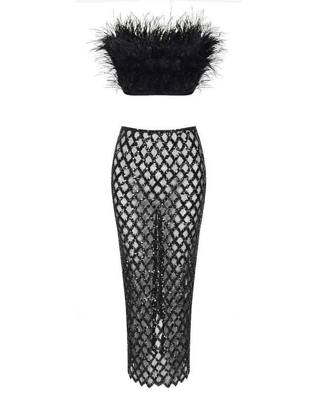 Invitation Only Feather Sequins Black Two Piece Set