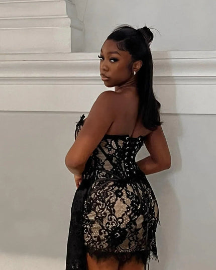 Lace Lure Corset Draped Black Mini Dress
