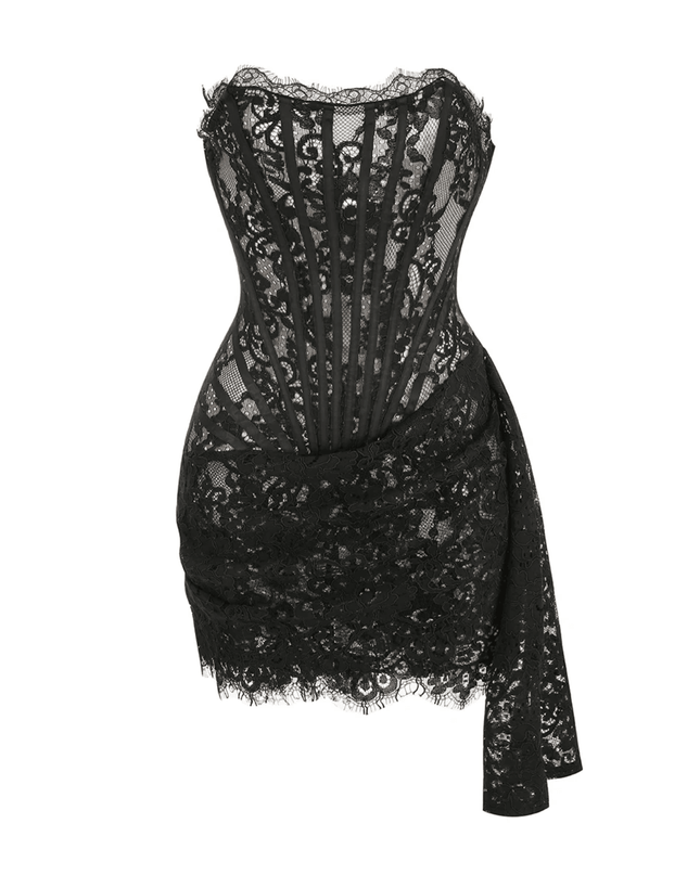 Lace Lure Corset Draped Black Mini Dress