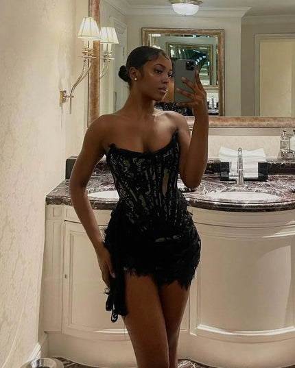Lace Lure Corset Draped Black Mini Dress