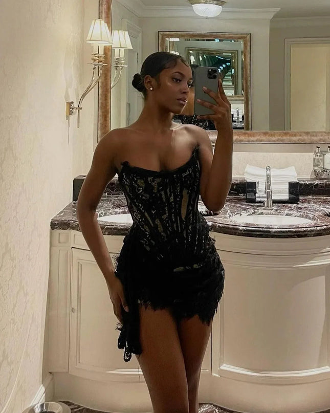 Lace Lure Corset Draped Black Mini Dress