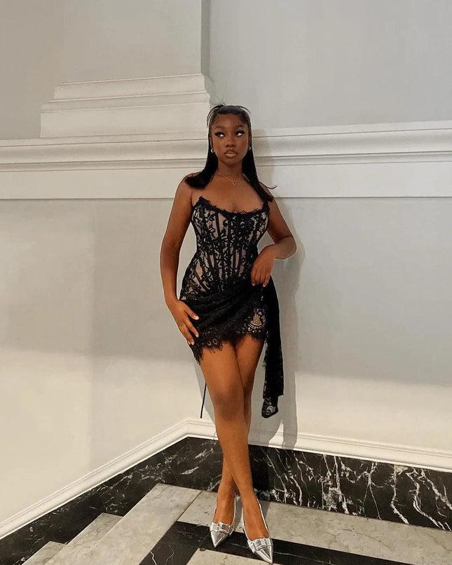Lace Lure Corset Draped Black Mini Dress