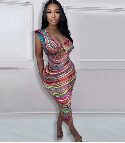Colorful Striped V Neck Maxi Dress for Summer (One Piece)