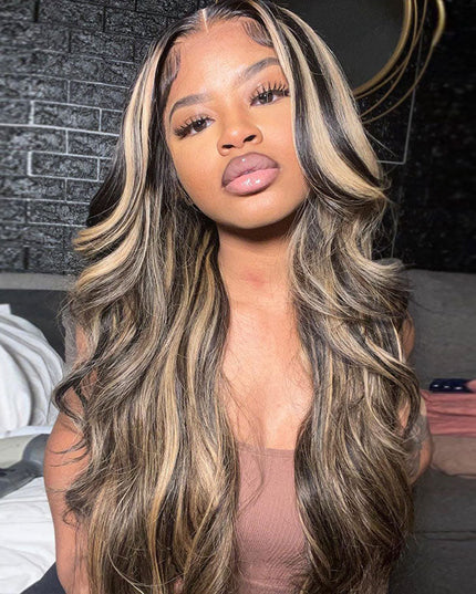 Piano Colored Body Wave Wig Highlights Black Wig With Honey Blonde Lace Wigs junoda