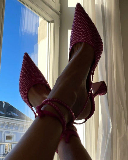 High Shine Red Crystal Lace Up Heels