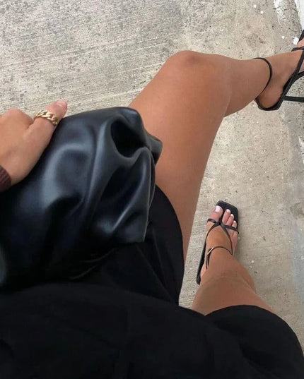 Midnight Black Faux Leather Strappy Square-Toe Heels