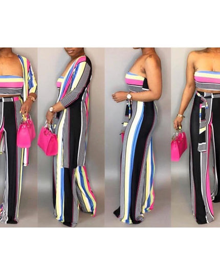 New Sexy Stripe 3 Piece Wide Leg Pant Set