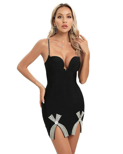Parisian Posh Crystal Bow Black Mini Dress