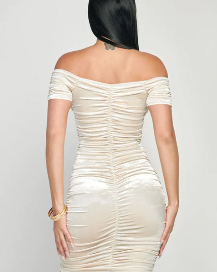 Shiny Velvet Off-Shoulder Ruched Mini Dress